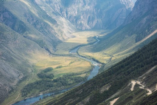 Valley of the river of Chulyshman. Altai mountains, Russia, beautiful summer day