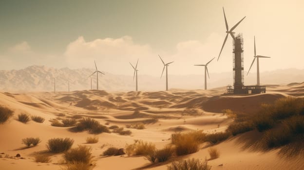 Wind turbines in the desert, renewable energy concept. Generative AI.