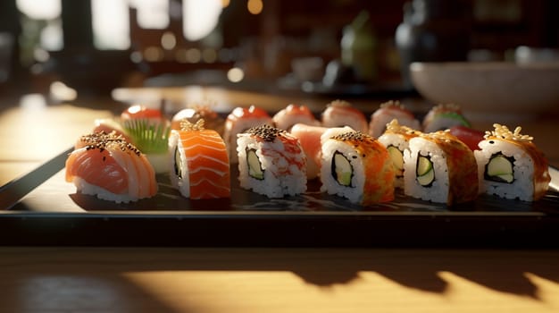 Ready sushi, rolls in the restaurant. Generative AI. High quality illustration