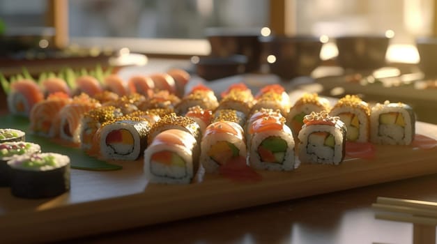 Ready sushi, rolls in the restaurant. Generative AI. High quality illustration
