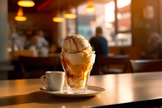 Vase with ice cream and a cup of coffee in a coffee shop. Generative AI. High quality illustration