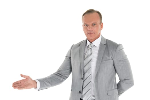 Businessman pointing with hand palm at empty copy space, studio isolated on white background