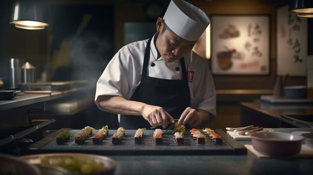 The chef prepares sushi, rolls in the restaurant. Generative AI. High quality illustration