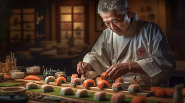 The chef prepares sushi, rolls in the restaurant. Generative AI. High quality illustration