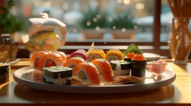 Ready sushi, rolls in the restaurant. Generative AI. High quality illustration