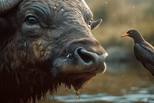 A buffalo drinks water at a watering hole, a bird is nearby, close-up. Generative AI. High quality photo