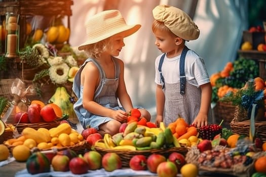 Little cheerful children sit around vegetables and fruits at the harvest festival. Generative AI. High quality illustration