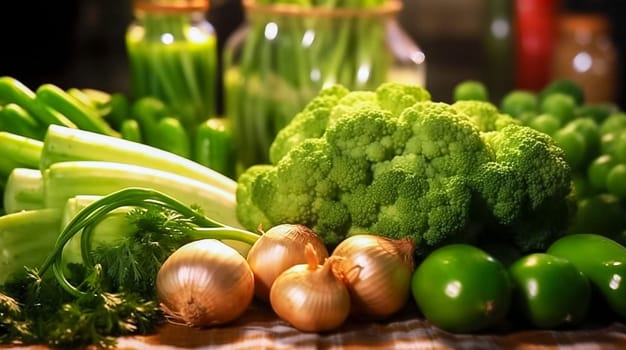 Raw onion, garlic and parsley on a wooden table. Generative AI. High quality photo