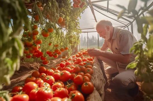 A man picks tomatoes in a greenhouse. Generative AI. High quality photo