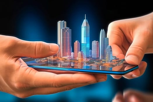 City project hologram on a smartphone in 3D. Generative AI. High quality illustration