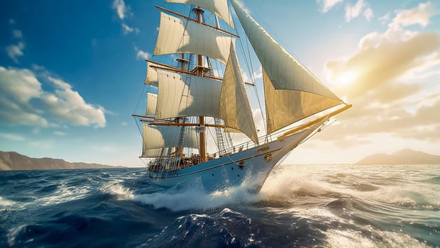 Yacht with sails on the high seas. Generative AI. High quality illustration