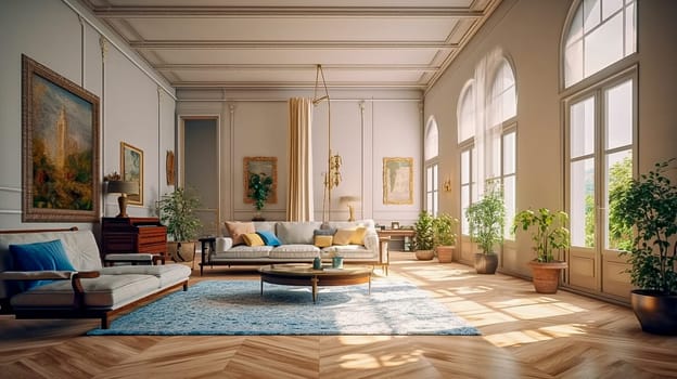 Living room interior in baroque style. Generative AI. High quality photo