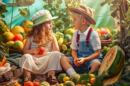 Little cheerful children sit around vegetables and fruits at the harvest festival. Generative AI. High quality illustration