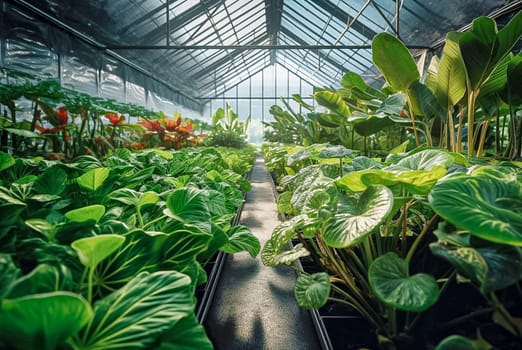 Greenhouse of green plants and flowers. Generative AI. High quality illustration