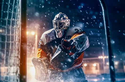Hockey goalkeeper stands at the gate. Generative AI. High quality photo