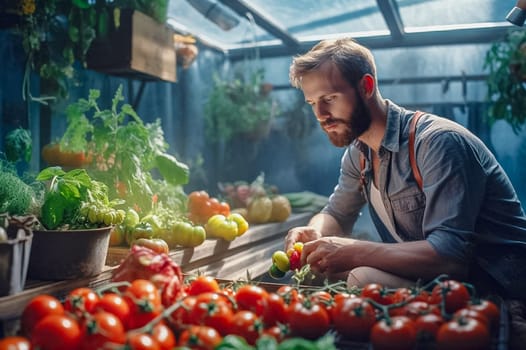 A man picks tomatoes in a greenhouse. Generative AI. High quality photo