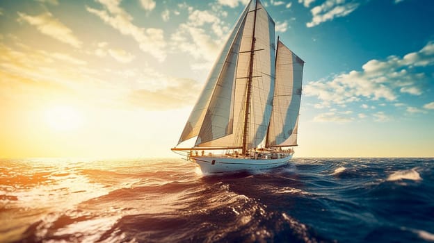 Yacht with sails on the high seas. Generative AI. High quality illustration