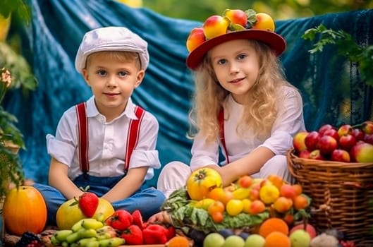 Little cheerful children sit around vegetables and fruits at the harvest festival. Generative AI. High quality illustration