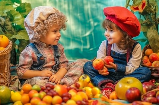 Little cheerful children sit around vegetables and fruits at the harvest festival. Generative AI. High quality illustration