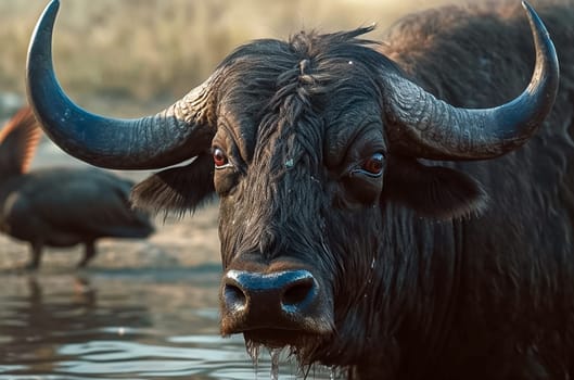 A buffalo drinks water at a watering hole, a bird is nearby, close-up. Generative AI. High quality photo