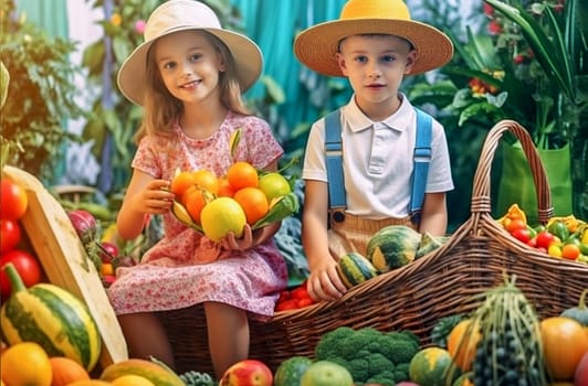 Little cheerful children sit around vegetables and fruits at the harvest festival. Generative AI. High quality illustration