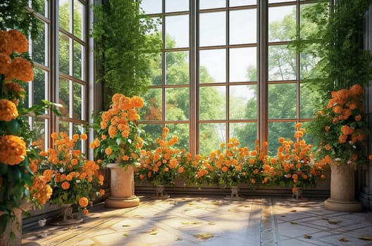 Greenhouse of green plants and flowers. Generative AI. High quality illustration