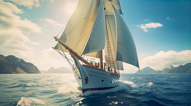Yacht with sails on the high seas. Generative AI. High quality illustration