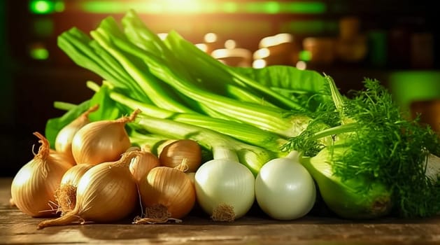 Raw onion, garlic and parsley on a wooden table. Generative AI. High quality photo