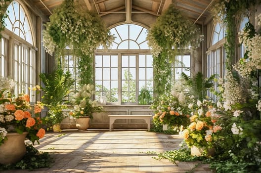 Greenhouse of green plants and flowers. Generative AI. High quality illustration