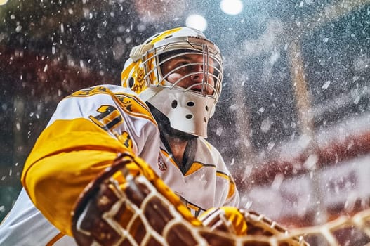 Hockey goalkeeper stands at the gate. Generative AI. High quality photo
