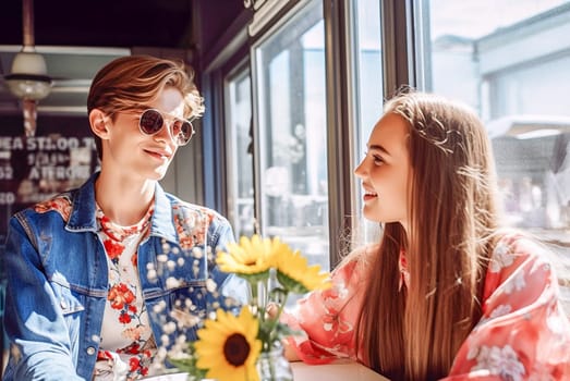 The boy gives the girl flowers, friendship, congratulations. Generative AI. High quality illustration