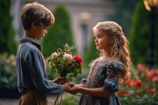 The boy gives the girl flowers, friendship, congratulations. Generative AI. High quality illustration