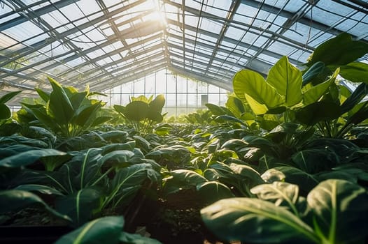 Greenhouse of green plants and flowers. Generative AI. High quality illustration