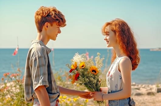 The boy gives the girl flowers, friendship, congratulations. Generative AI. High quality illustration