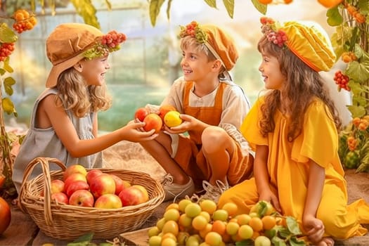 Little cheerful children sit around vegetables and fruits at the harvest festival. Generative AI. High quality illustration