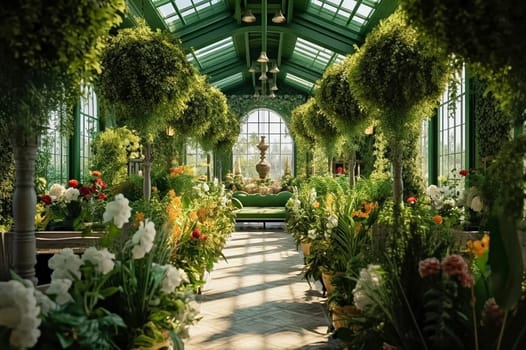 Greenhouse of green plants and flowers. Generative AI. High quality illustration