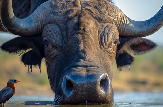 A buffalo drinks water at a watering hole, a bird is nearby, close-up. Generative AI. High quality photo