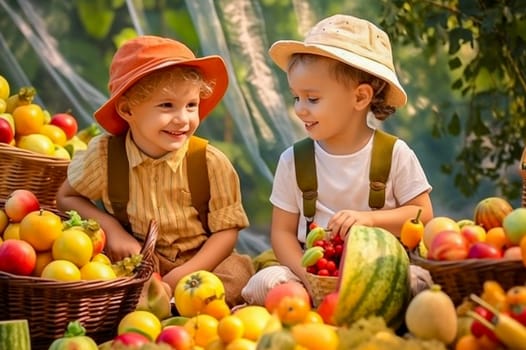 Little cheerful children sit around vegetables and fruits at the harvest festival. Generative AI. High quality illustration