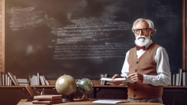 a gray haired professor at the science department of the university gives a lecture about life on earth, made with Generative AI. High quality illustration