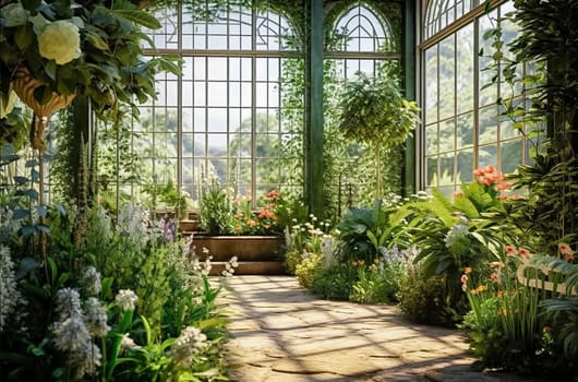Greenhouse of green plants and flowers. Generative AI. High quality illustration
