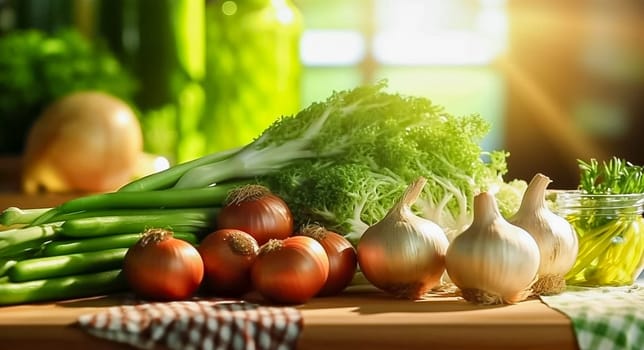 Raw onion, garlic and parsley on a wooden table. Generative AI. High quality photo