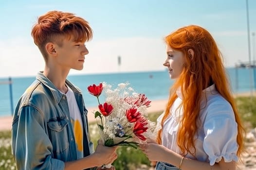 The boy gives the girl flowers, friendship, congratulations. Generative AI. High quality illustration