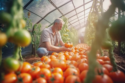 A man picks tomatoes in a greenhouse. Generative AI. High quality photo