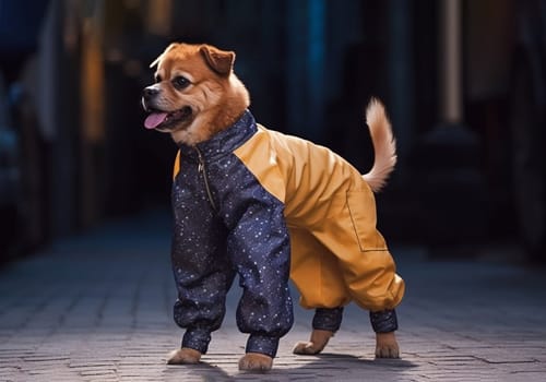 Dog on a walk in overalls. Generative AI. High quality illustration