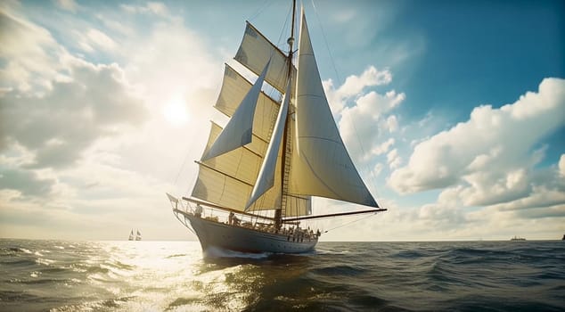 Yacht with sails on the high seas. Generative AI. High quality illustration