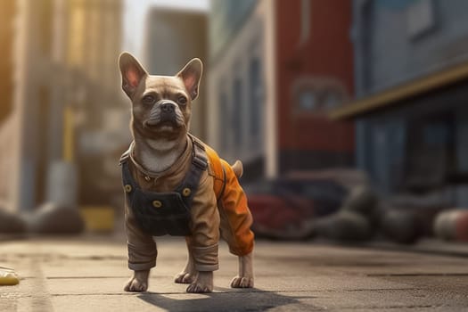 Dog on a walk in overalls. Generative AI. High quality illustration