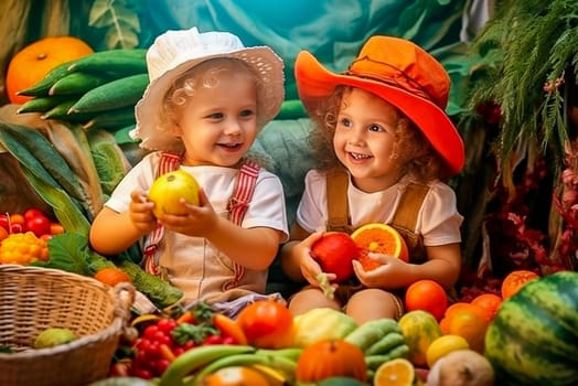 Little cheerful children sit around vegetables and fruits at the harvest festival. Generative AI. High quality illustration