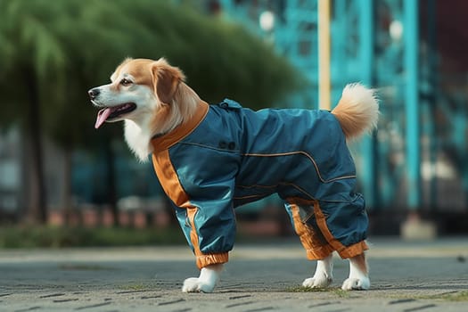Dog on a walk in overalls. Generative AI. High quality illustration