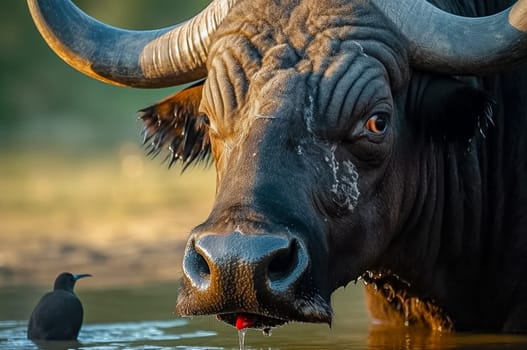 A buffalo drinks water at a watering hole, a bird is nearby, close-up. Generative AI. High quality photo