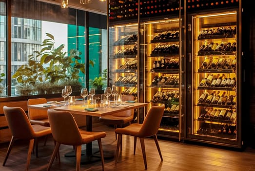 Wine rack in a restaurant. Generative AI. High quality photo